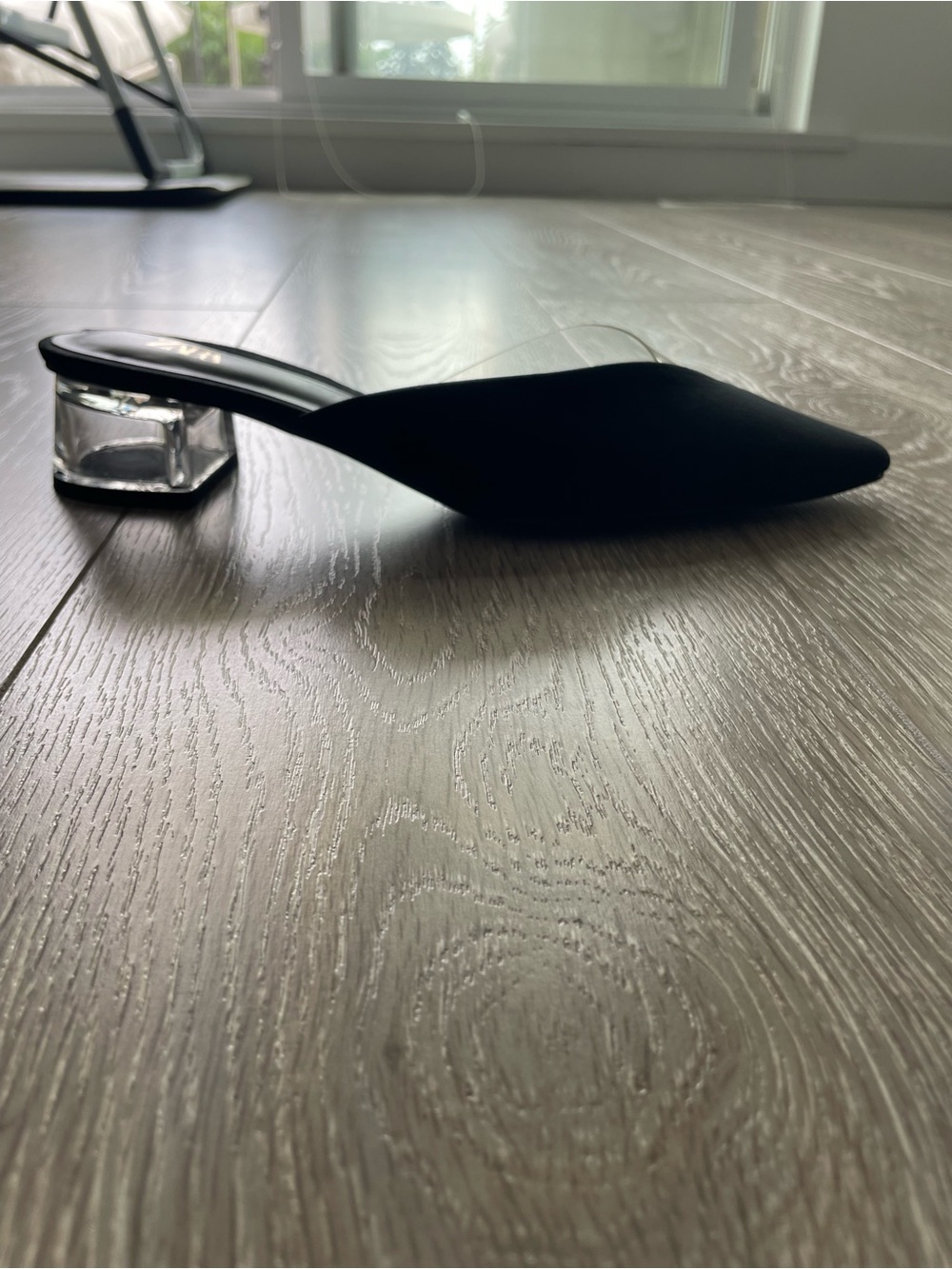 Black Slip-On Pointed Mule with Clear Block Heel